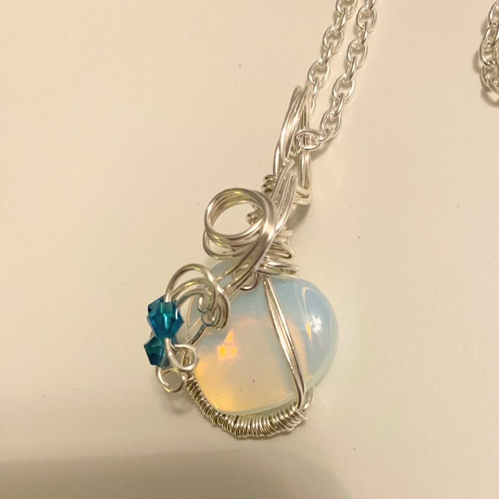 Elegant Silver and Blue Wire-Wrapped  Opal Pendant Necklace